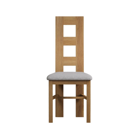 Natural Solid Oak Flow Back Dining Chairs with Light Grey Fabric Seat Pad Dining Chairs Natural