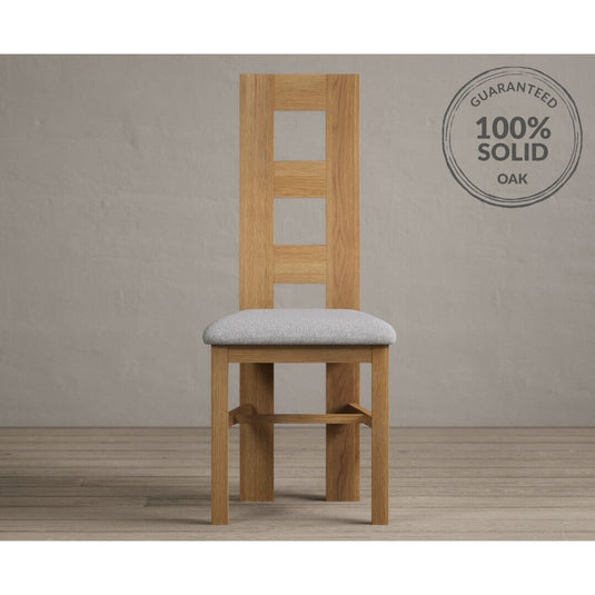 Natural Solid Oak Flow Back Dining Chairs with Light Grey Fabric Seat Pad Dining Chairs Natural