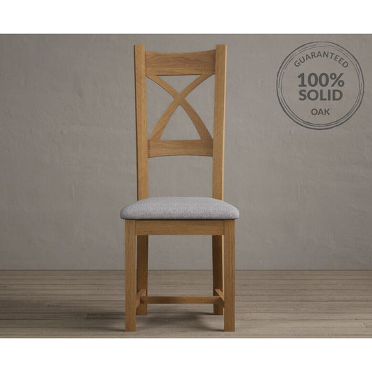 Natural Solid Oak X Back Dining Chairs with Light Grey Fabric Seat Pad Dining Chairs Natural