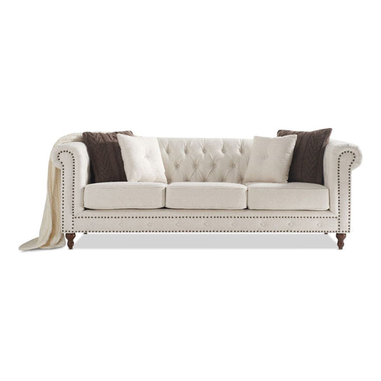 Wellington Chesterfield Ivory Linen 3 Seater Sofa