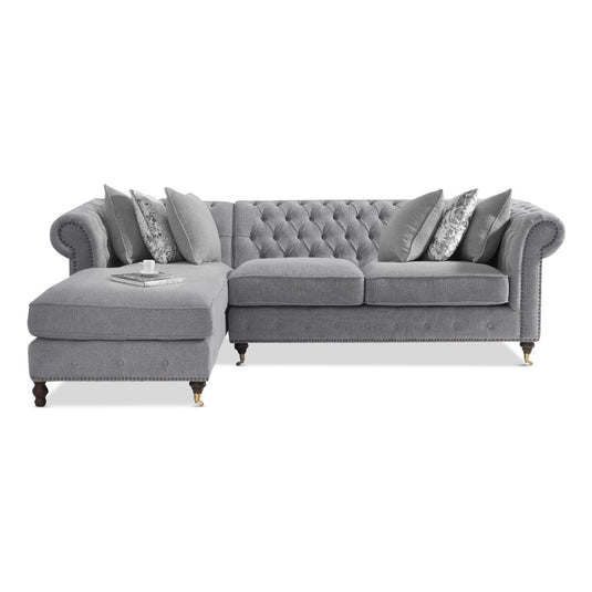 Chiswick 3 Seater Grey Linen Left Facing Chesterfield Corner Chaise Sofa