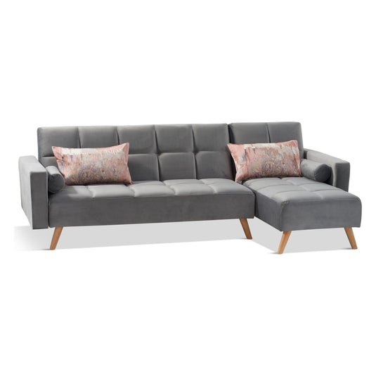 Ana Grey Velvet 3 Seater Corner Sofa Bed with Right Facing Chaise