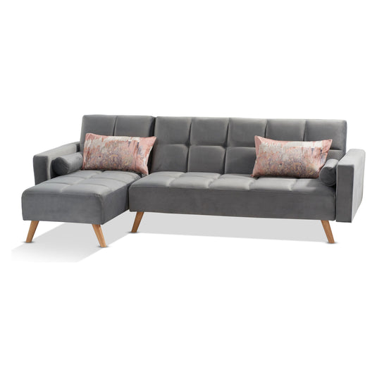 Ana Grey Velvet 3 Seater Corner Sofa Bed with Left Facing Chaise