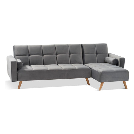 Ana Grey Velvet 3 Seater Corner Sofa Bed with Right Facing Chaise