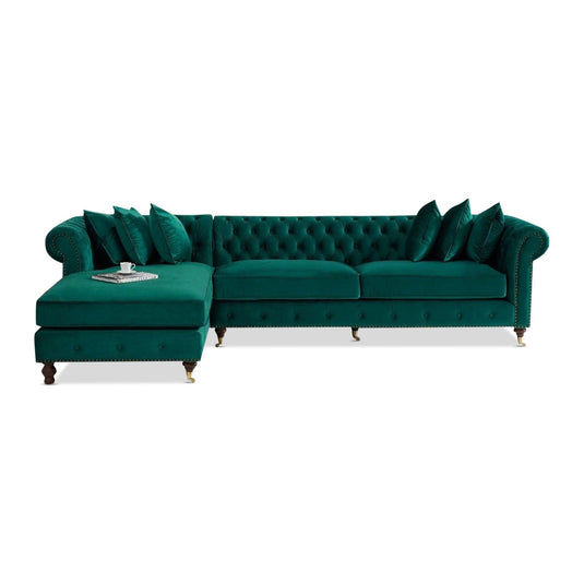 Chiswick Extra Large Green Velvet Left Facing Chesterfield Corner Chaise Sofa