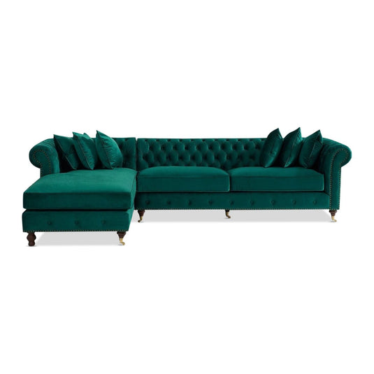 Chiswick Extra Large Green Velvet Left Facing Chesterfield Corner Chaise Sofa