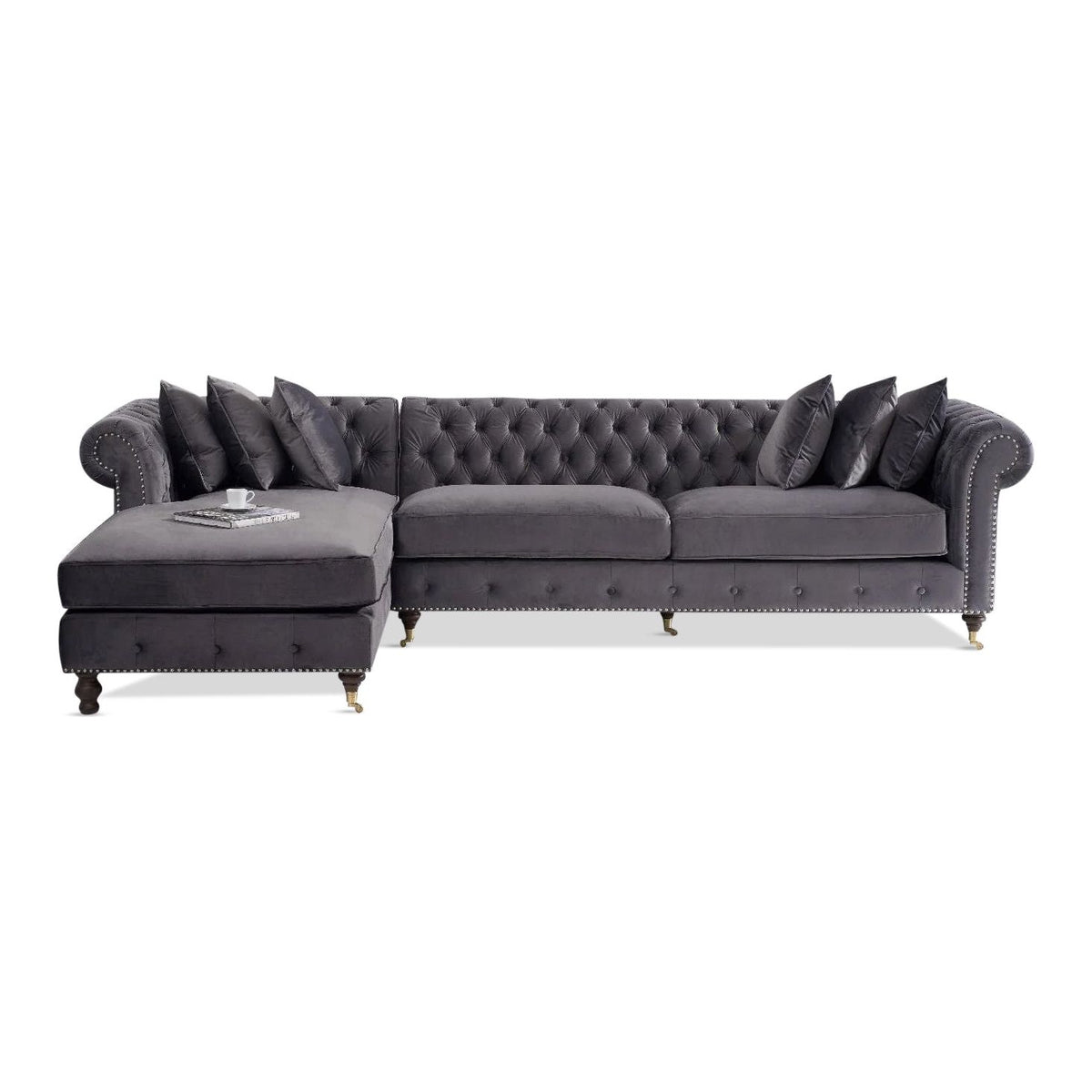 Chiswick Extra Large Dark Grey Velvet Left Facing Chesterfield Corner Chaise Sofa