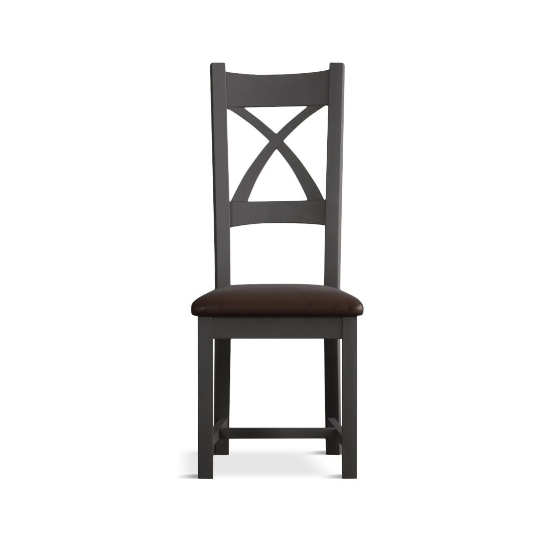 Charcoal Grey X Back Dining Chairs Chocolate Brown Leather Seat Pad