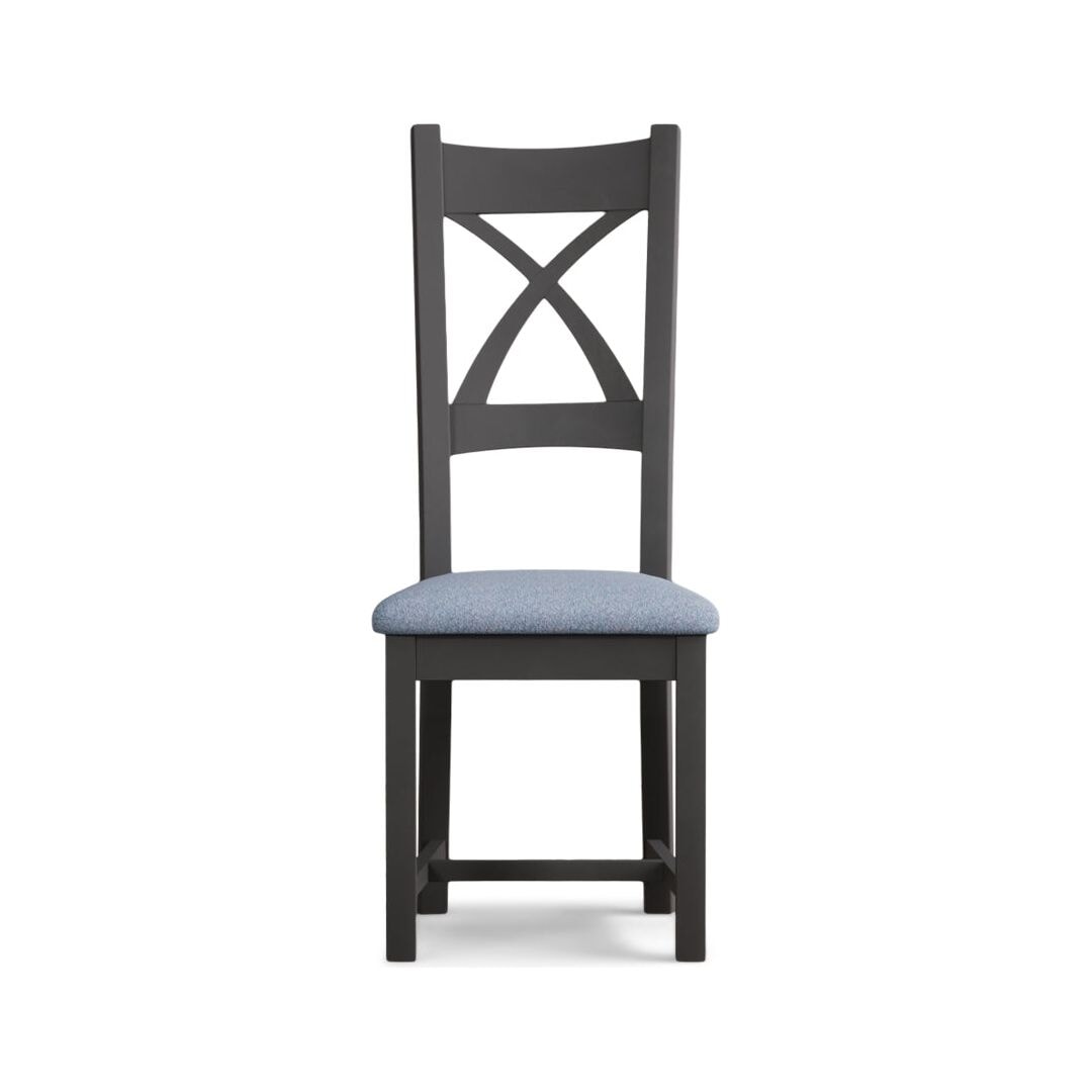 Charcoal Grey X Back Dining Chairs Sky Blue Fabric Seat Pad
