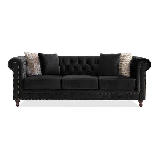 Wellington Chesterfield Black Velvet 3 Seater Sofa