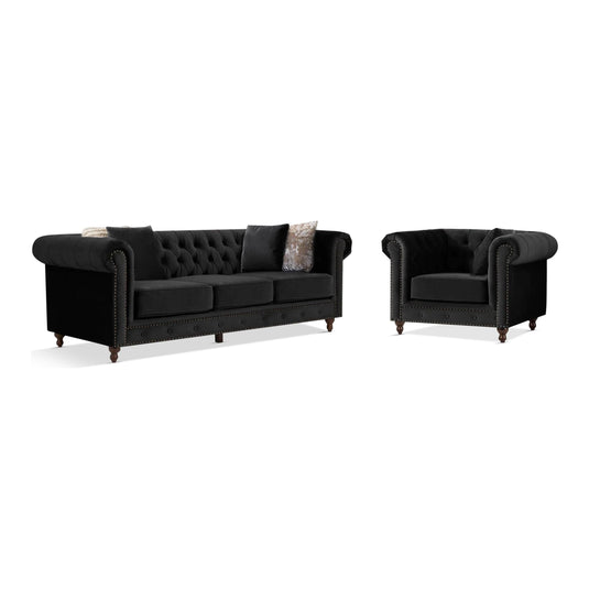 Wellington Chesterfield Black Velvet 3 Seater Sofa