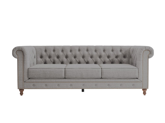 Wellington Chesterfield Grey Linen Fabric 3 Seater Sofa