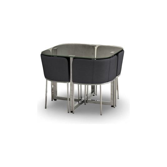 Santorini Glass Stowaway Dining Table with Grey High Back Stools
