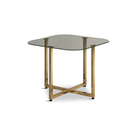 Santorini Glass Stowaway Dining Table Gold Leg with Blue Velvet High Back Stools