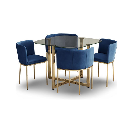 Santorini Glass Stowaway Dining Table Gold Leg with Blue Velvet High Back Stools