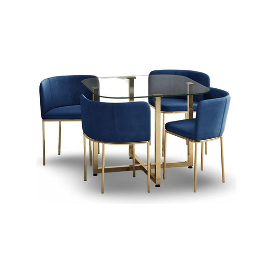 Santorini Glass Stowaway Dining Table Gold Leg with Blue Velvet High Back Stools