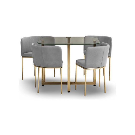 Santorini Glass Stowaway Dining Table Gold Leg with Grey Velvet High Back Stools