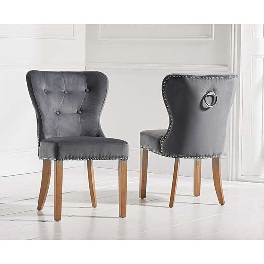 Keswick Studded Grey Velvet Oak Leg Dining Chairs Dining Chairs Keswick 